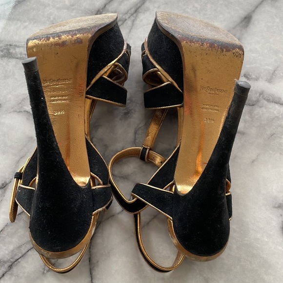 YSL BLACK AND GOLD SUEDE TRIBUTE SANDALS 105 size 39.5 - Picture 6 of 6